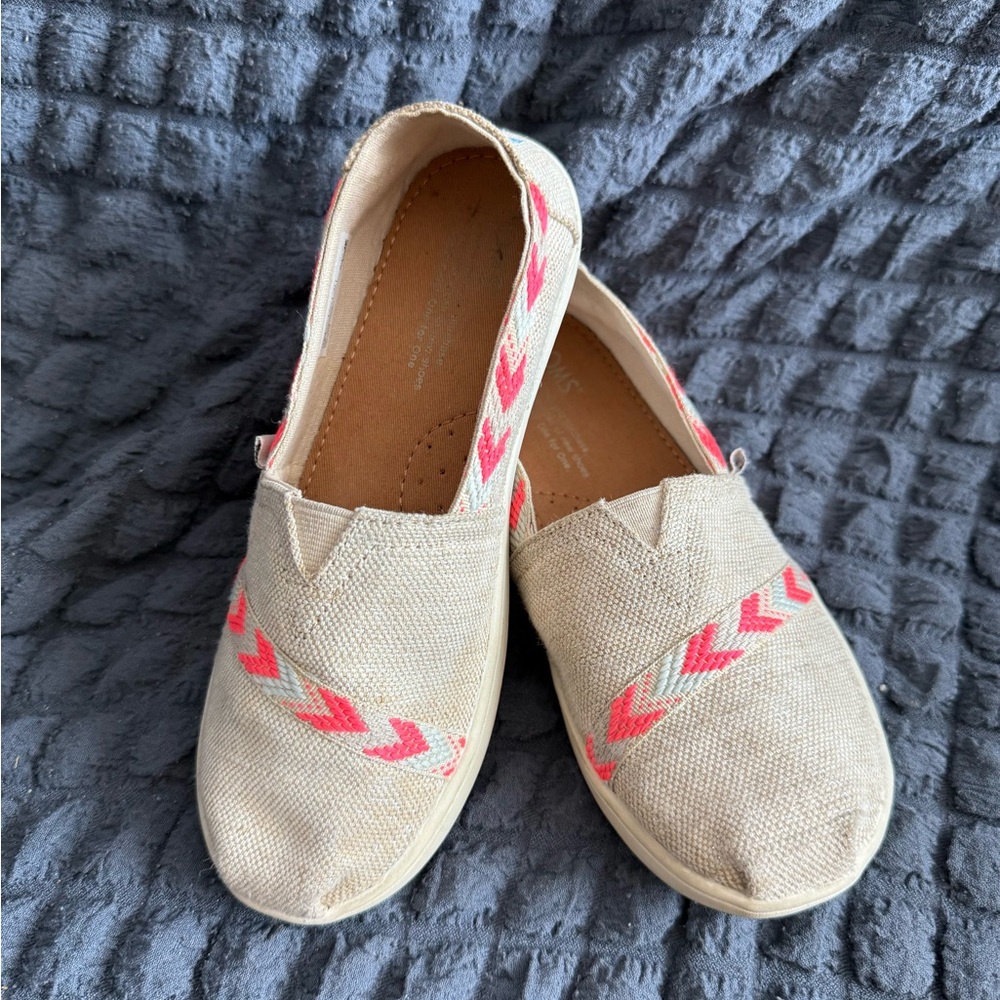 Toms Tan and Pink Moccasins with Chevron Embroidery
